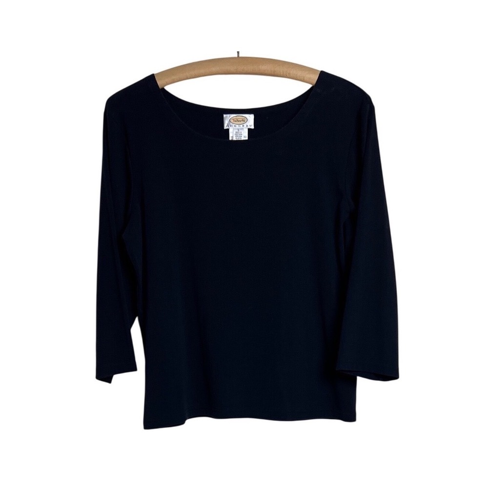 Talbots Knit Top Women L‎ Black 3/4 Sleeve Scoop Neck Stretch Basic Petites F04